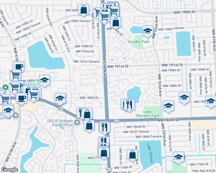 map of restaurants, bars, coffee shops, grocery stores, and more near 18820 Northwest 56th Court in Miami Gardens