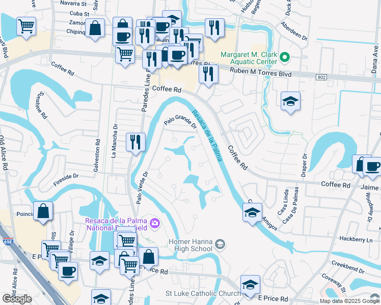 map of restaurants, bars, coffee shops, grocery stores, and more near 28 Red Bay Circle in Brownsville