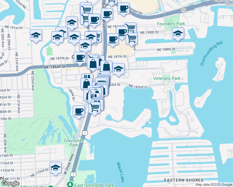 map of restaurants, bars, coffee shops, grocery stores, and more near 2750 Northeast 183rd Street in Aventura