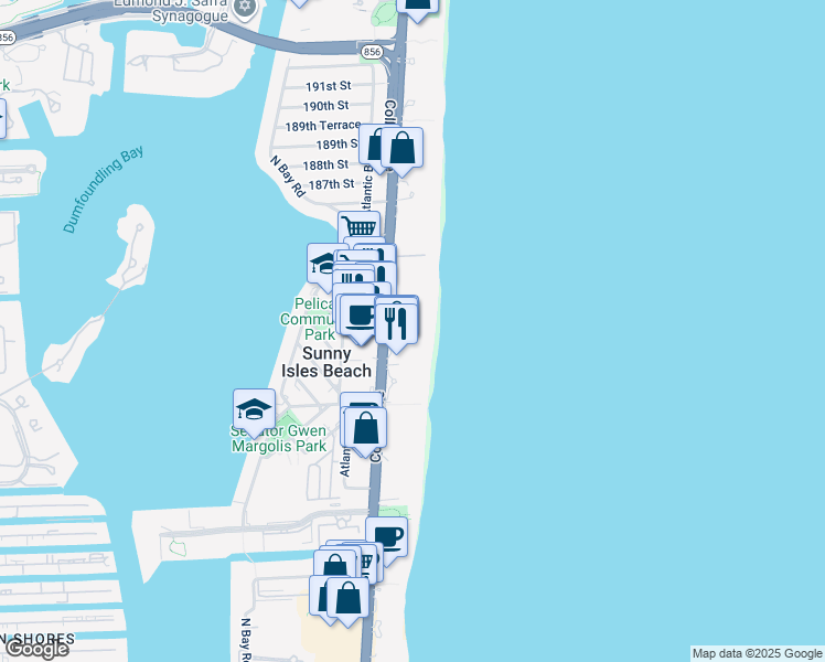 map of restaurants, bars, coffee shops, grocery stores, and more near 18101 Collins Avenue in Sunny Isles Beach