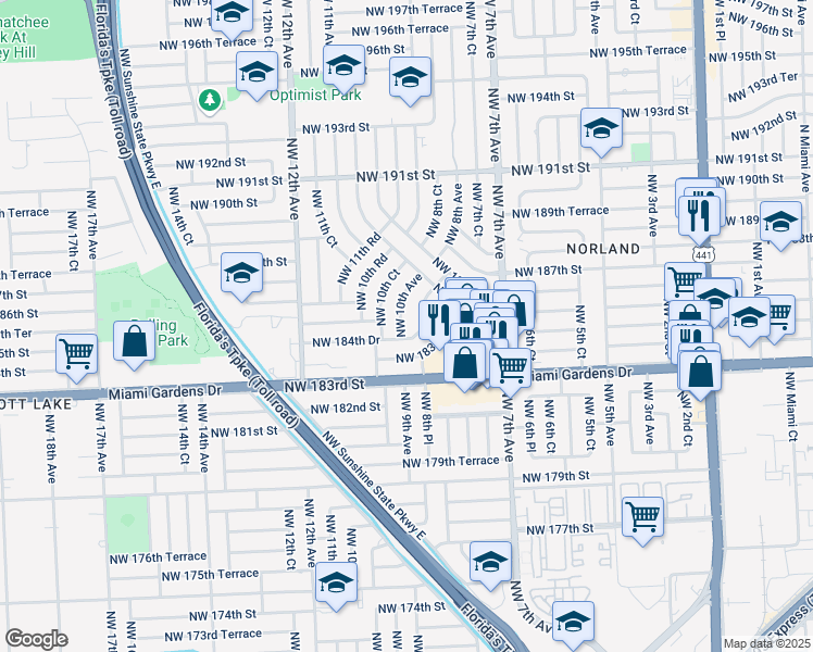 map of restaurants, bars, coffee shops, grocery stores, and more near 18501 Northwest 10th Avenue in Miami