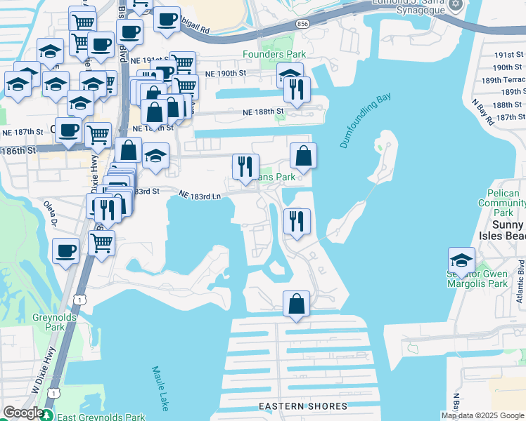map of restaurants, bars, coffee shops, grocery stores, and more near 18181 Northeast 31st Court in Aventura