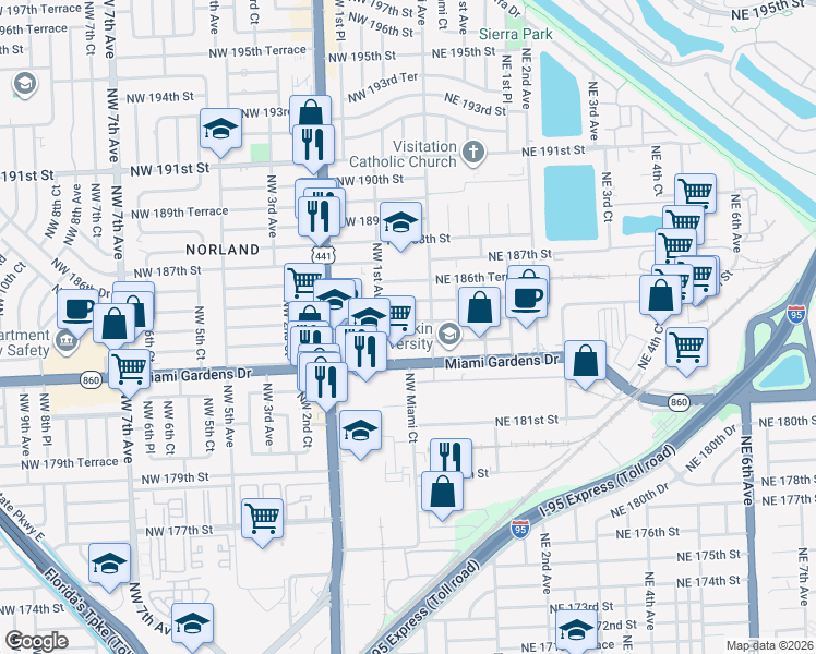 map of restaurants, bars, coffee shops, grocery stores, and more near 50 Northwest 184th Terrace in Miami