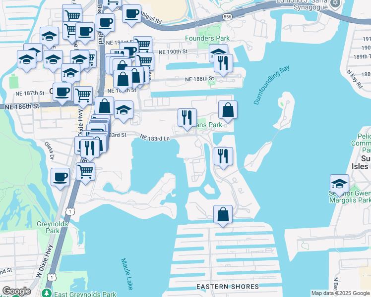 map of restaurants, bars, coffee shops, grocery stores, and more near 18181 Northeast 31st Court in Aventura