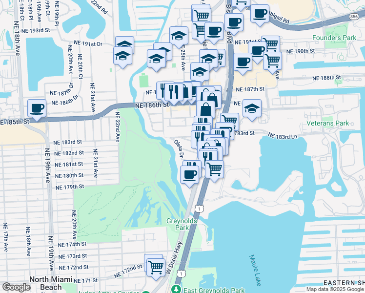 map of restaurants, bars, coffee shops, grocery stores, and more near 2507 Northeast 182nd Street in North Miami Beach