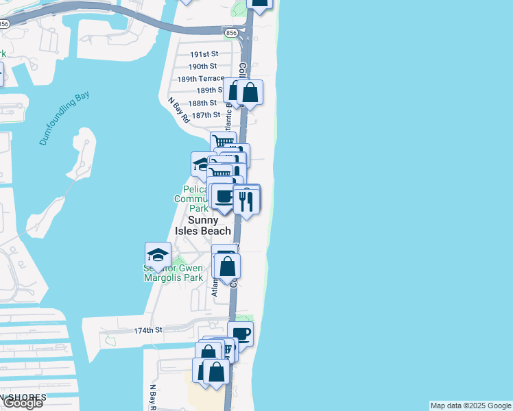 map of restaurants, bars, coffee shops, grocery stores, and more near 18101 Collins Avenue in Sunny Isles Beach