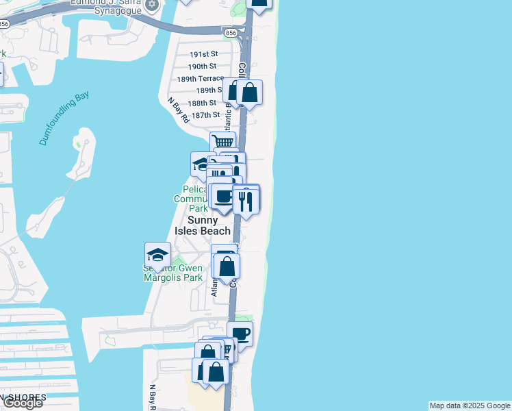 map of restaurants, bars, coffee shops, grocery stores, and more near 18101 Collins Avenue in Sunny Isles Beach