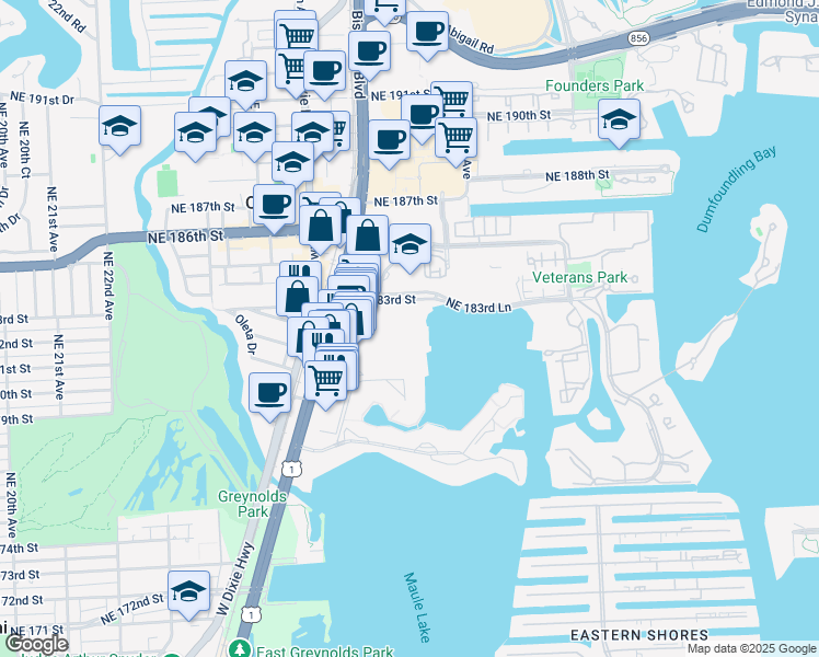 map of restaurants, bars, coffee shops, grocery stores, and more near 2750 Northeast 183rd Street in Aventura
