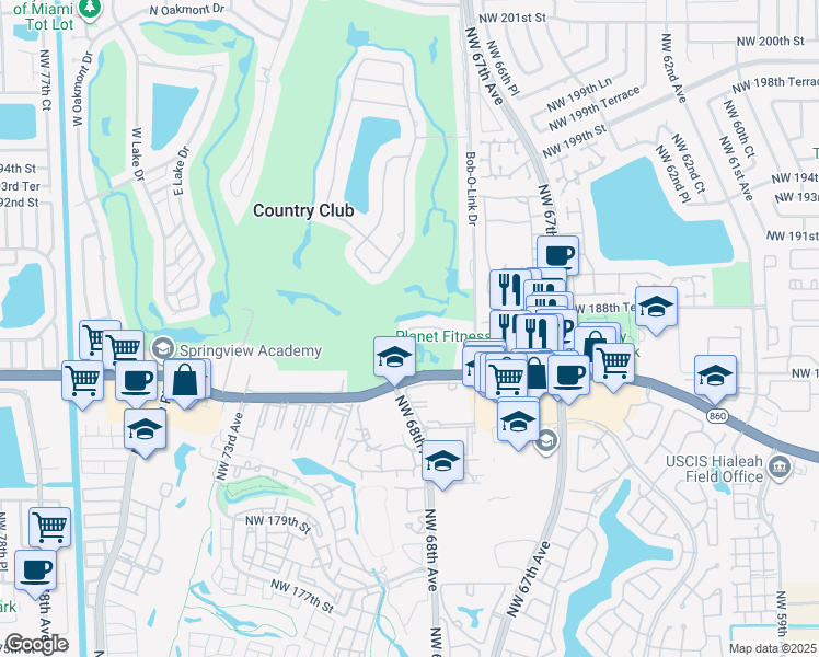 map of restaurants, bars, coffee shops, grocery stores, and more near 6814 Brookline Drive in Hialeah