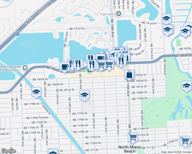 map of restaurants, bars, coffee shops, grocery stores, and more near 1666 Northeast 183rd Street in North Miami Beach