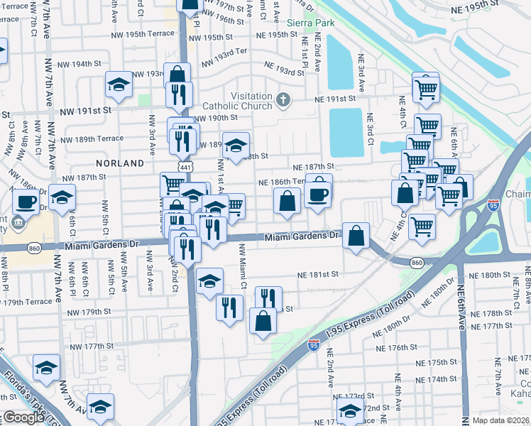 map of restaurants, bars, coffee shops, grocery stores, and more near 40-42 Northeast 184th Street in Miami
