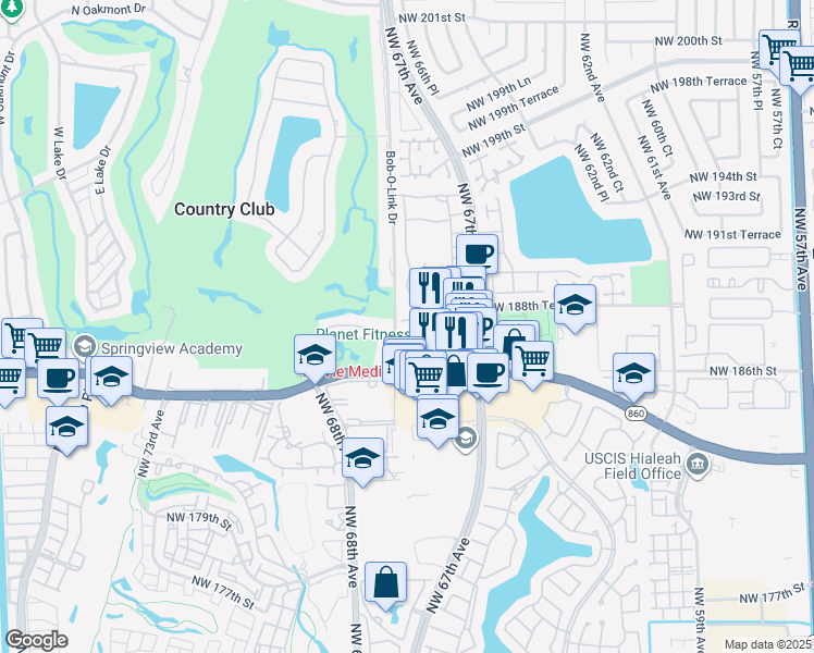 map of restaurants, bars, coffee shops, grocery stores, and more near 6780 Northwest 187th Terrace in Hialeah