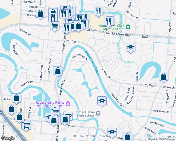map of restaurants, bars, coffee shops, grocery stores, and more near 28 Red Bay Circle in Brownsville
