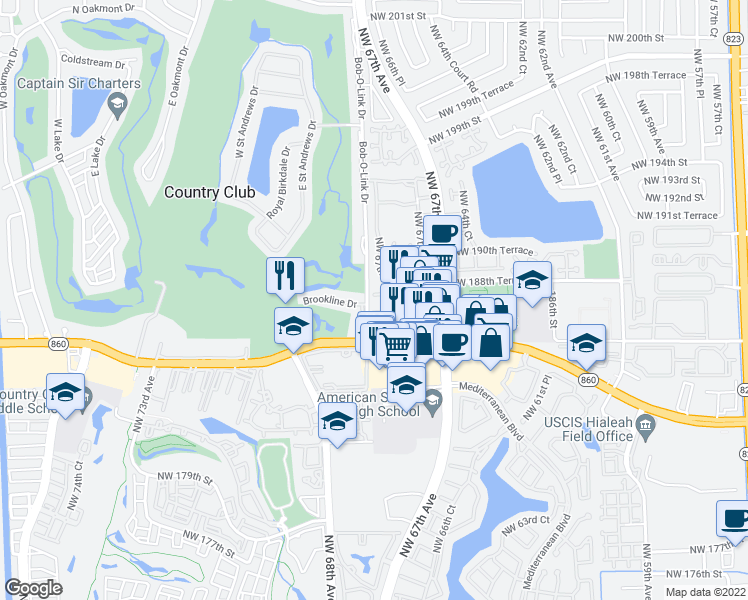 map of restaurants, bars, coffee shops, grocery stores, and more near 6780 Northwest 187th Terrace in Hialeah