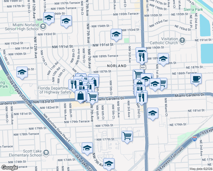 map of restaurants, bars, coffee shops, grocery stores, and more near 571 Northwest 184th Terrace in Miami