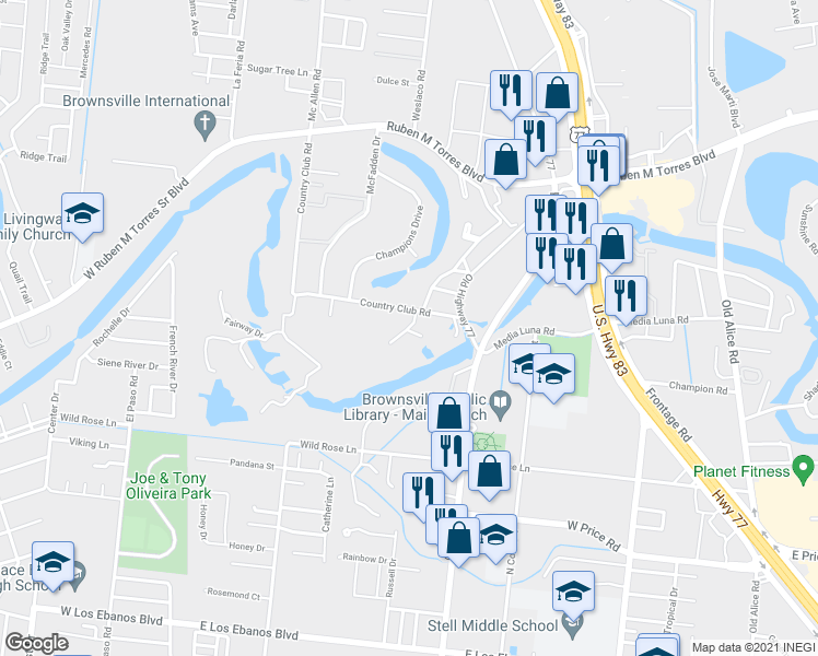 map of restaurants, bars, coffee shops, grocery stores, and more near 227 El Verde Lane in Brownsville