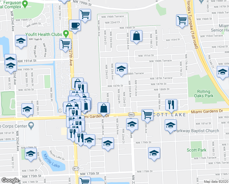 map of restaurants, bars, coffee shops, grocery stores, and more near 18555 Northwest 23rd Avenue in Miami Gardens