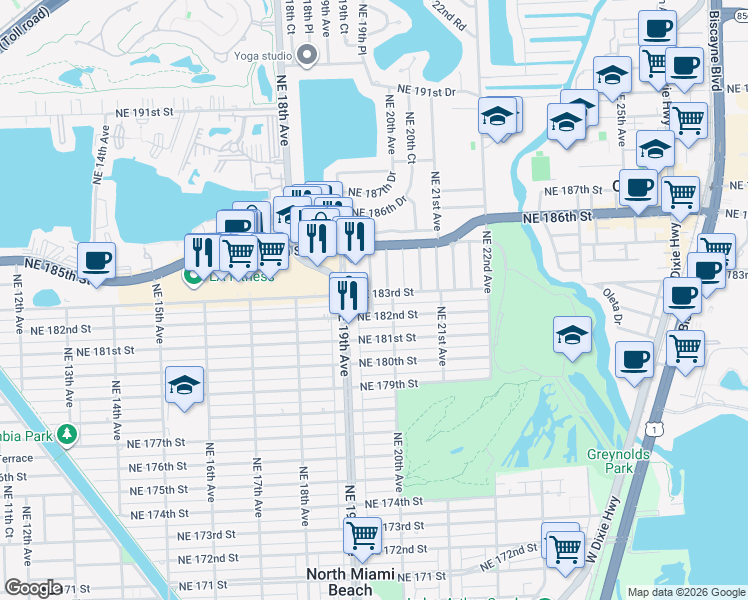 map of restaurants, bars, coffee shops, grocery stores, and more near 1970 Northeast 183rd Street in North Miami Beach