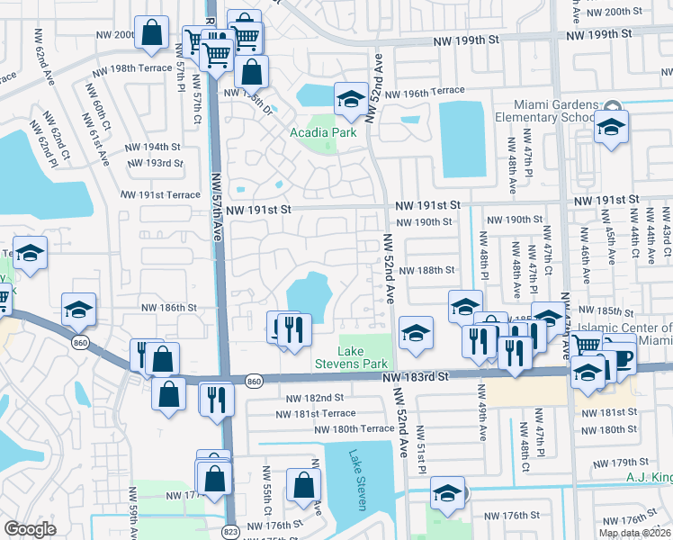 map of restaurants, bars, coffee shops, grocery stores, and more near 5358 Northwest 188th Street in Miami Gardens