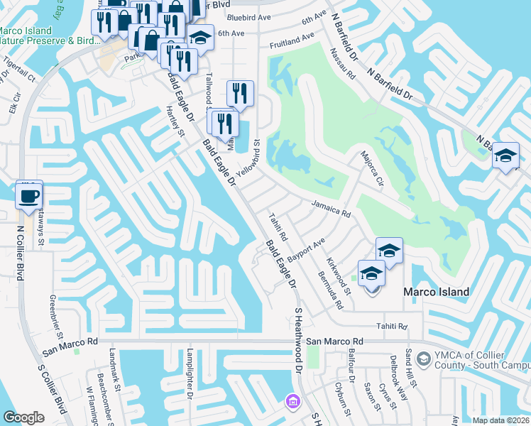 map of restaurants, bars, coffee shops, grocery stores, and more near 275 Bald Eagle Drive in Marco Island