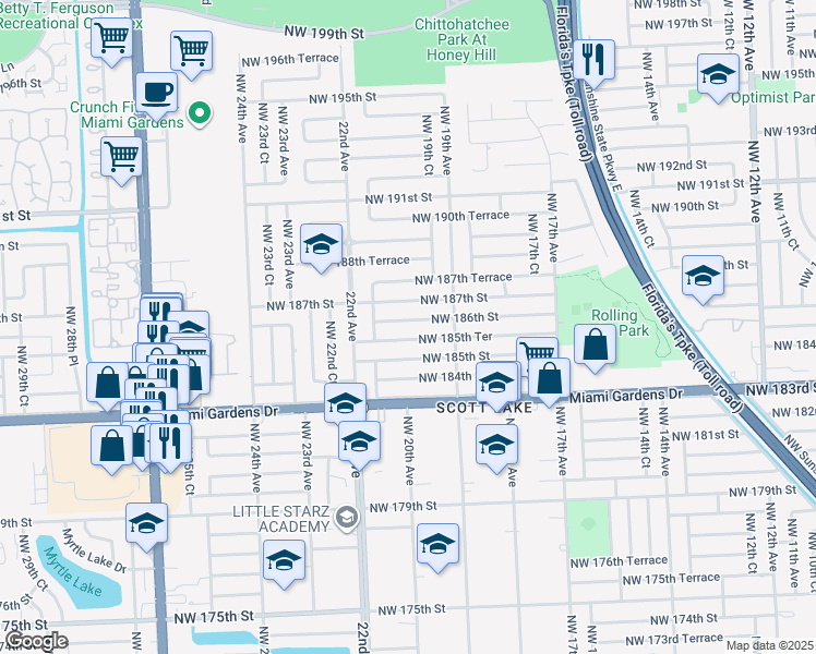 map of restaurants, bars, coffee shops, grocery stores, and more near 1958 Northwest 186th Street in Miami Gardens