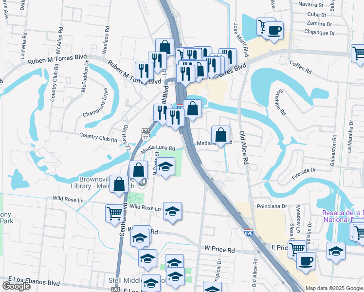 map of restaurants, bars, coffee shops, grocery stores, and more near 995 Media Luna Road in Brownsville