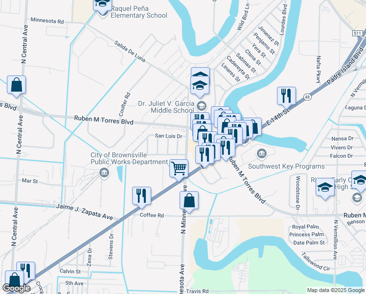 map of restaurants, bars, coffee shops, grocery stores, and more near 2235 North Minnesota Avenue in Brownsville