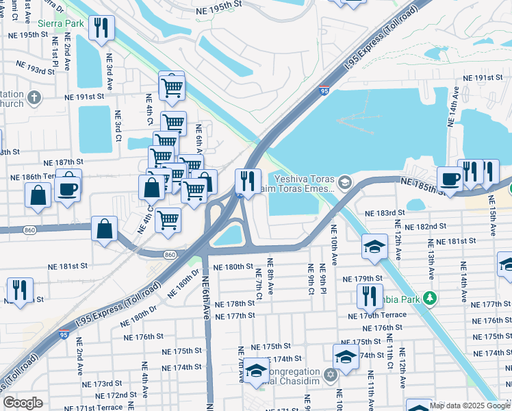 map of restaurants, bars, coffee shops, grocery stores, and more near 18361 Northeast 7th Court in North Miami Beach
