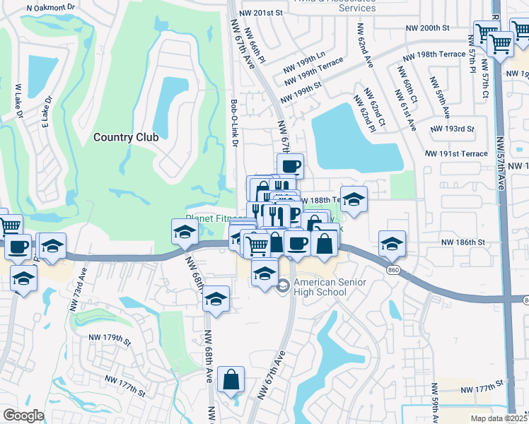 map of restaurants, bars, coffee shops, grocery stores, and more near 18656 Northwest 67th Avenue in Hialeah