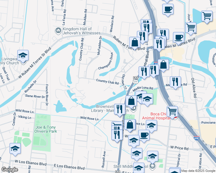 map of restaurants, bars, coffee shops, grocery stores, and more near 202 El Verde Lane in Brownsville