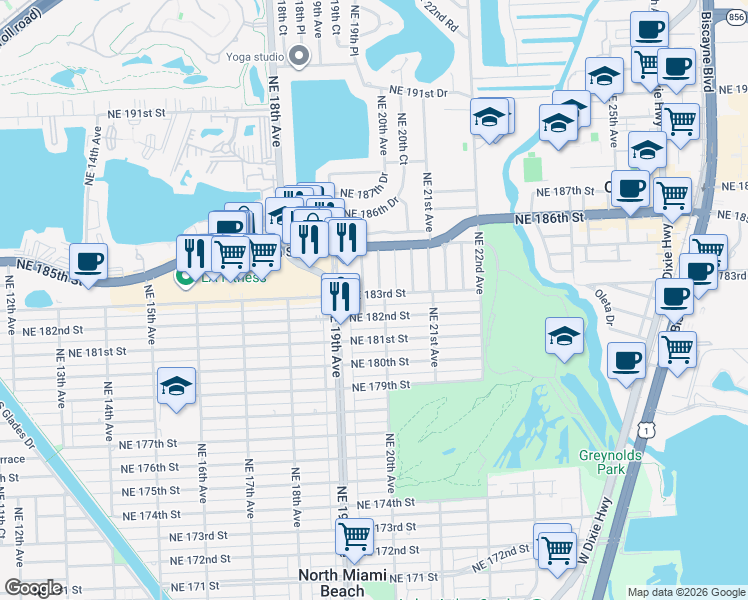 map of restaurants, bars, coffee shops, grocery stores, and more near 1970 Northeast 183rd Street in North Miami Beach