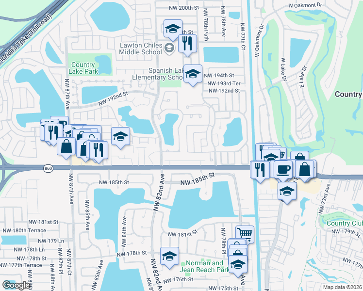map of restaurants, bars, coffee shops, grocery stores, and more near 18815 Northwest 80th Court in Hialeah