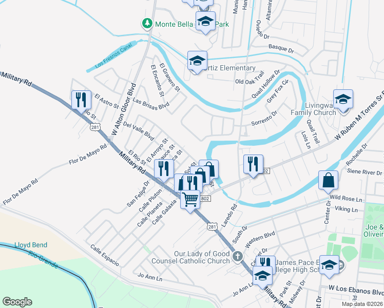 map of restaurants, bars, coffee shops, grocery stores, and more near 2653 El Mar St in Brownsville