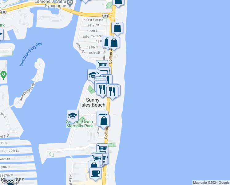 map of restaurants, bars, coffee shops, grocery stores, and more near 18108 Collins Avenue in North Miami Beach