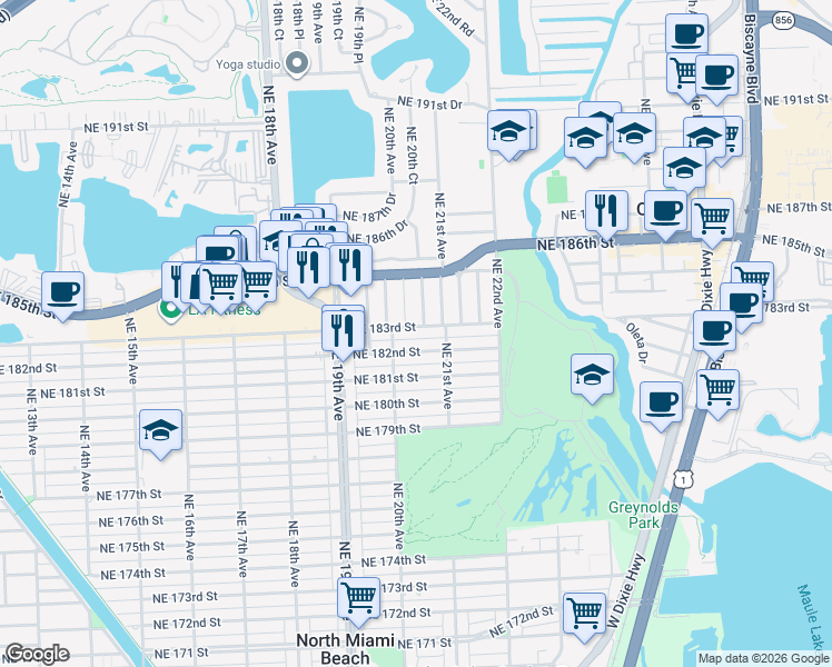 map of restaurants, bars, coffee shops, grocery stores, and more near 2032 Northeast 183rd Street in North Miami Beach