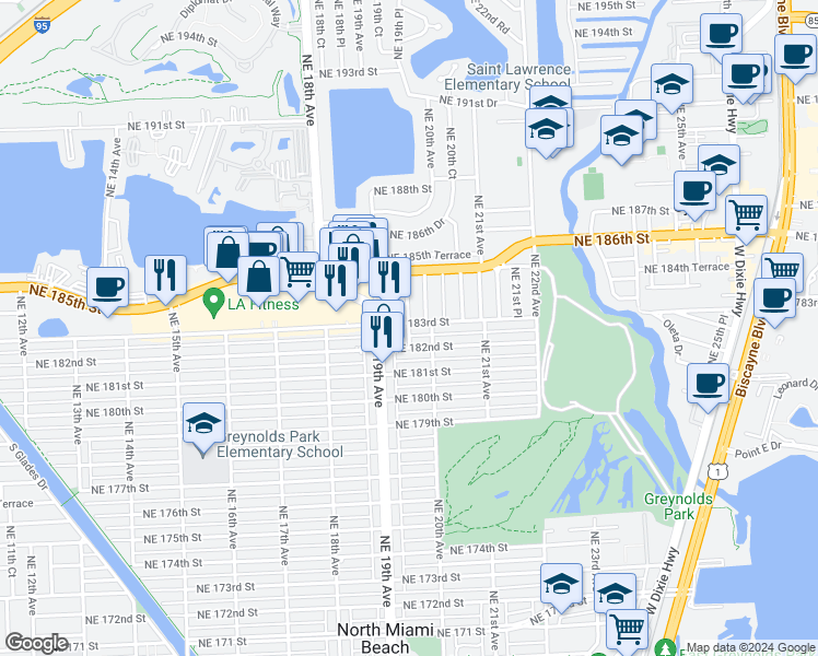 map of restaurants, bars, coffee shops, grocery stores, and more near 1970 Northeast 183rd Street in North Miami Beach
