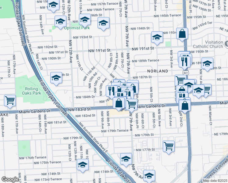 map of restaurants, bars, coffee shops, grocery stores, and more near 771 Northwest 183rd Drive in Miami