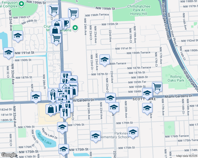 map of restaurants, bars, coffee shops, grocery stores, and more near 18555 Northwest 23rd Avenue in Miami Gardens