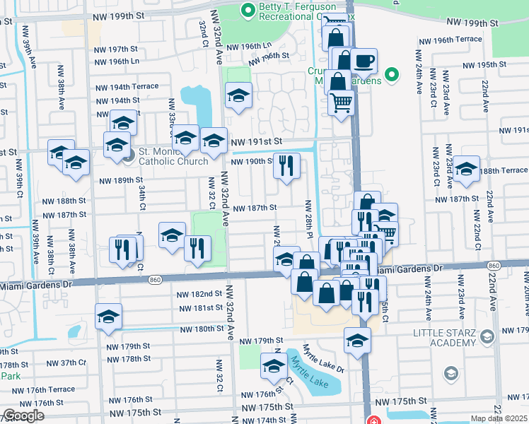map of restaurants, bars, coffee shops, grocery stores, and more near 3000 Northwest 187th Street in Miami Gardens