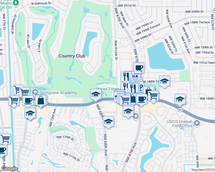 map of restaurants, bars, coffee shops, grocery stores, and more near 6771 Brookline Drive in Hialeah