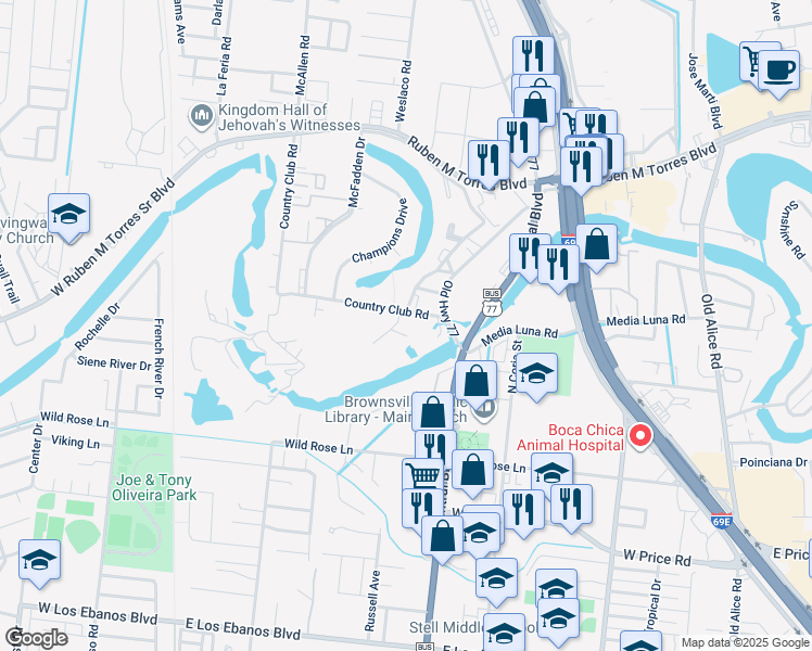 map of restaurants, bars, coffee shops, grocery stores, and more near 202 El Verde Lane in Brownsville
