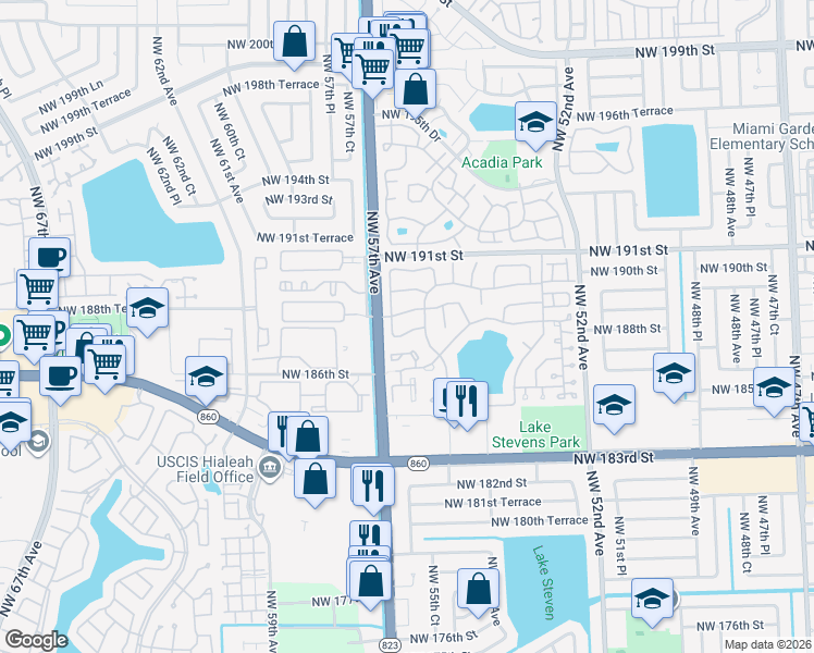 map of restaurants, bars, coffee shops, grocery stores, and more near 18820 Northwest 56th Court in Miami Gardens