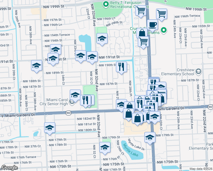 map of restaurants, bars, coffee shops, grocery stores, and more near 3000 Northwest 187th Street in Miami Gardens