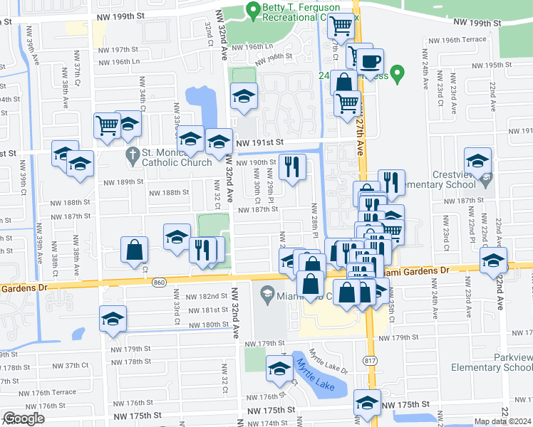 map of restaurants, bars, coffee shops, grocery stores, and more near 3000 Northwest 187th Street in Miami Gardens