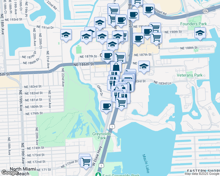 map of restaurants, bars, coffee shops, grocery stores, and more near 18220 Northeast 25th Place in North Miami Beach