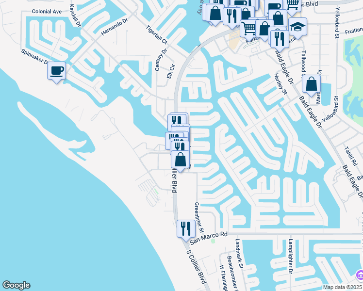 map of restaurants, bars, coffee shops, grocery stores, and more near 287 North Collier Boulevard in Marco Island
