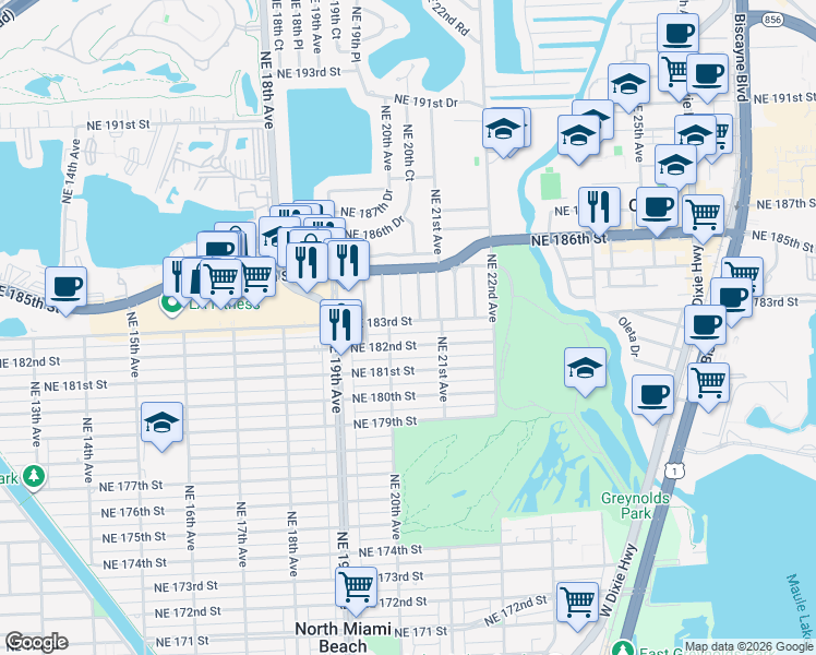 map of restaurants, bars, coffee shops, grocery stores, and more near 2032 Northeast 183rd Street in North Miami Beach