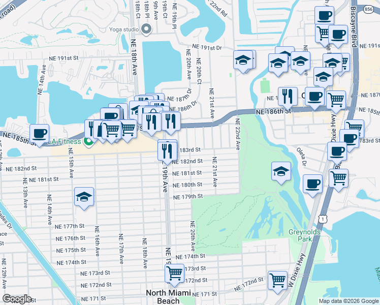 map of restaurants, bars, coffee shops, grocery stores, and more near 2032 Northeast 183rd Street in North Miami Beach