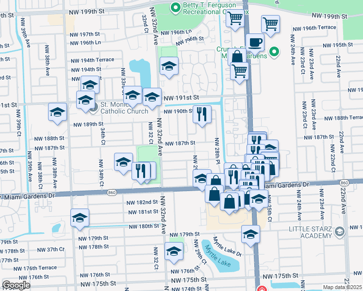 map of restaurants, bars, coffee shops, grocery stores, and more near 3010 Northwest 187th Street in Miami Gardens