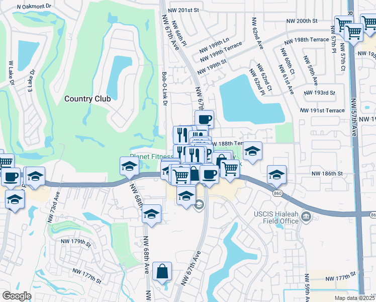 map of restaurants, bars, coffee shops, grocery stores, and more near 18656 Northwest 67th Avenue in Hialeah